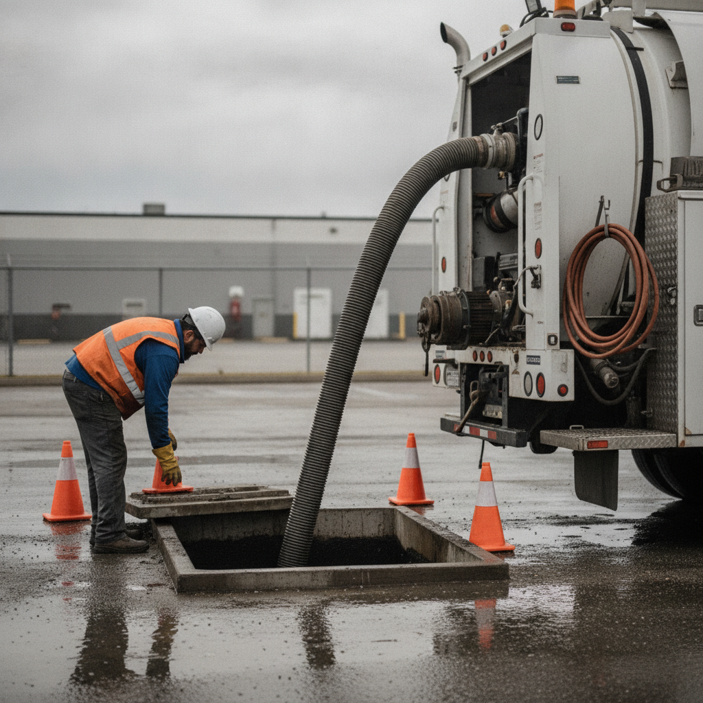 Outdoor interceptor service with vacuum hose and safety cones, demonstrating professional grease trap pumping in All Over Ontario