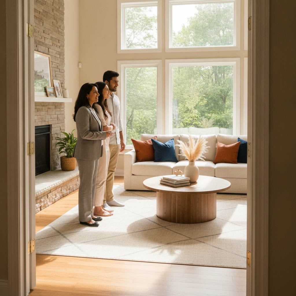 Brampton featured home viewing: real estate agent welcoming buyers into a bright living room