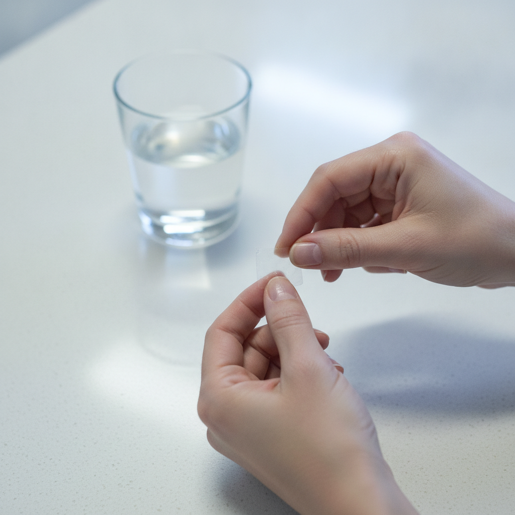Close-up Suboxone film used in a Suboxone Program, showing safe dosing practice on a clean countertop