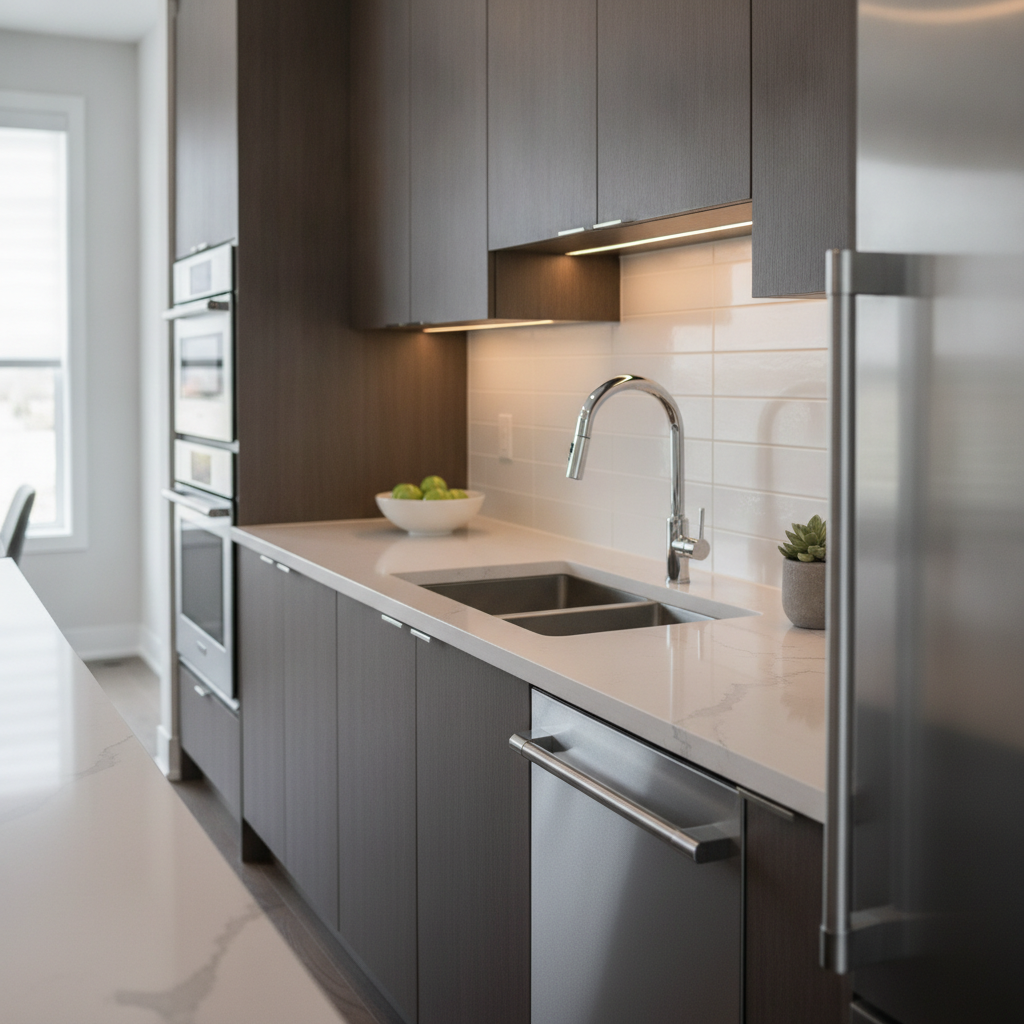 Modern Brampton kitchen in a featured home listing with quartz countertops and stainless appliances
