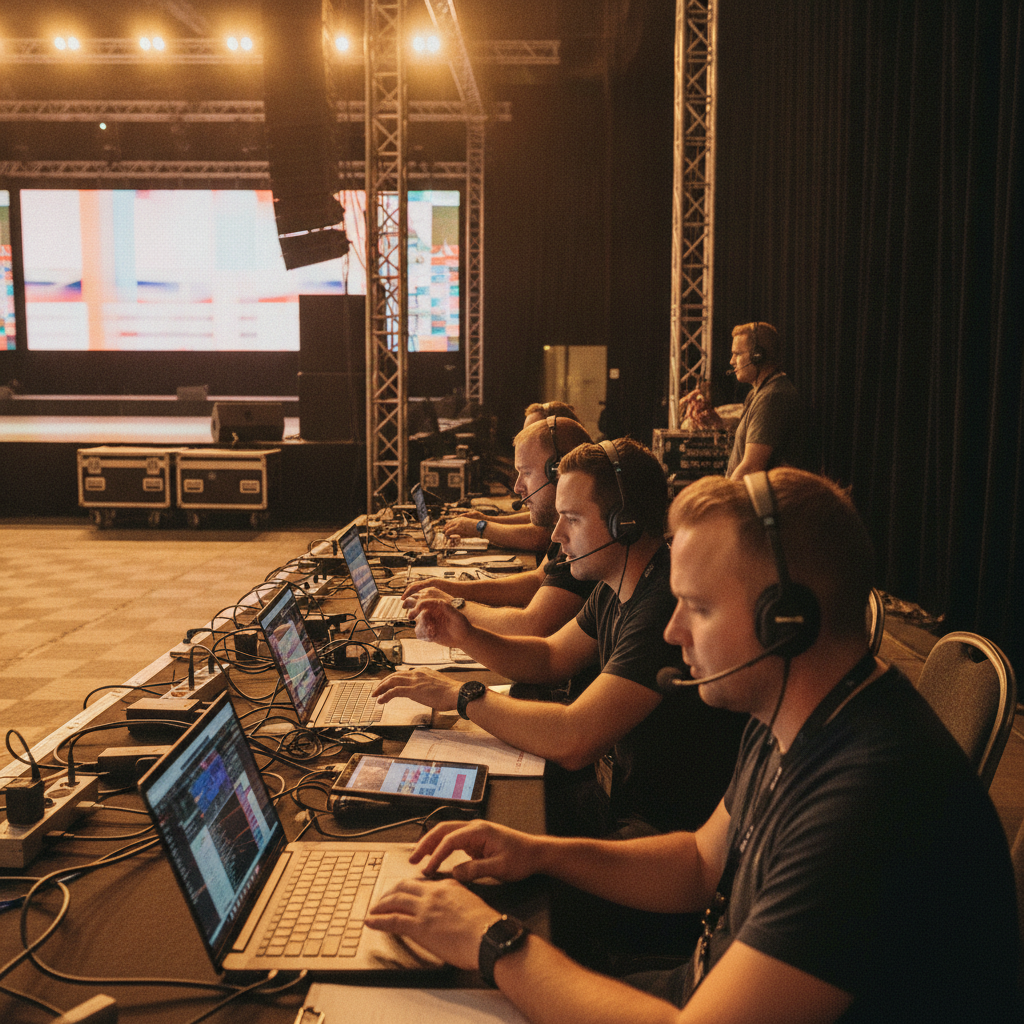 Backstage logistics team coordinating near a stage, illustrating on-site operations supported by event management SaaS