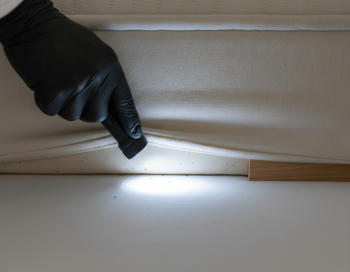 Close-up bed bug inspection on mattress seam using flashlight as part of a home pest inspection checklist