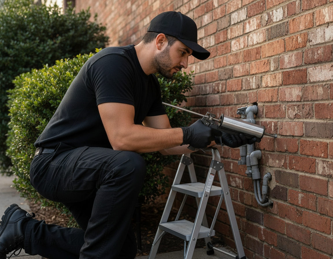 Technician sealing a utility line gap on brick exterior as part of a home pest inspection checklist exclusion step