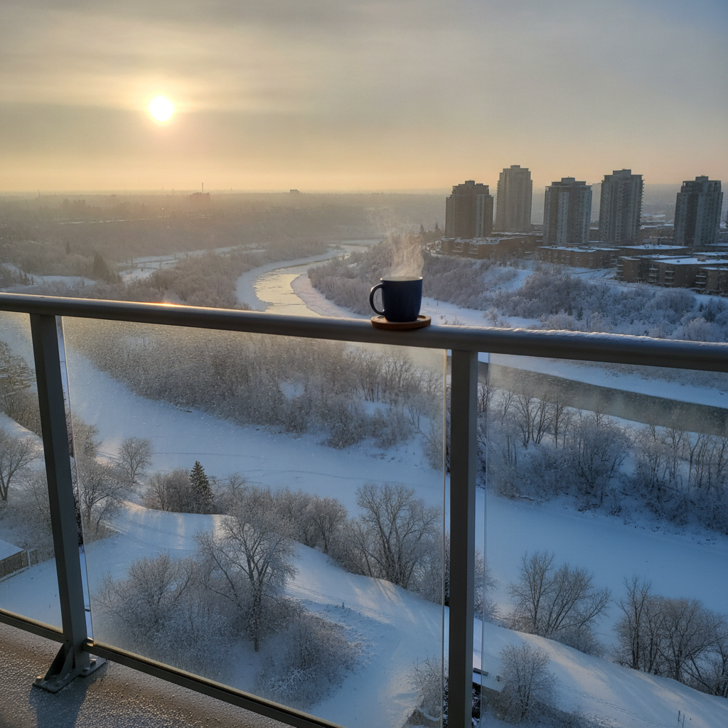 Condo balcony view over Edmonton river valley showing the lifestyle many buyers seek when they buy a condo in Edmonton