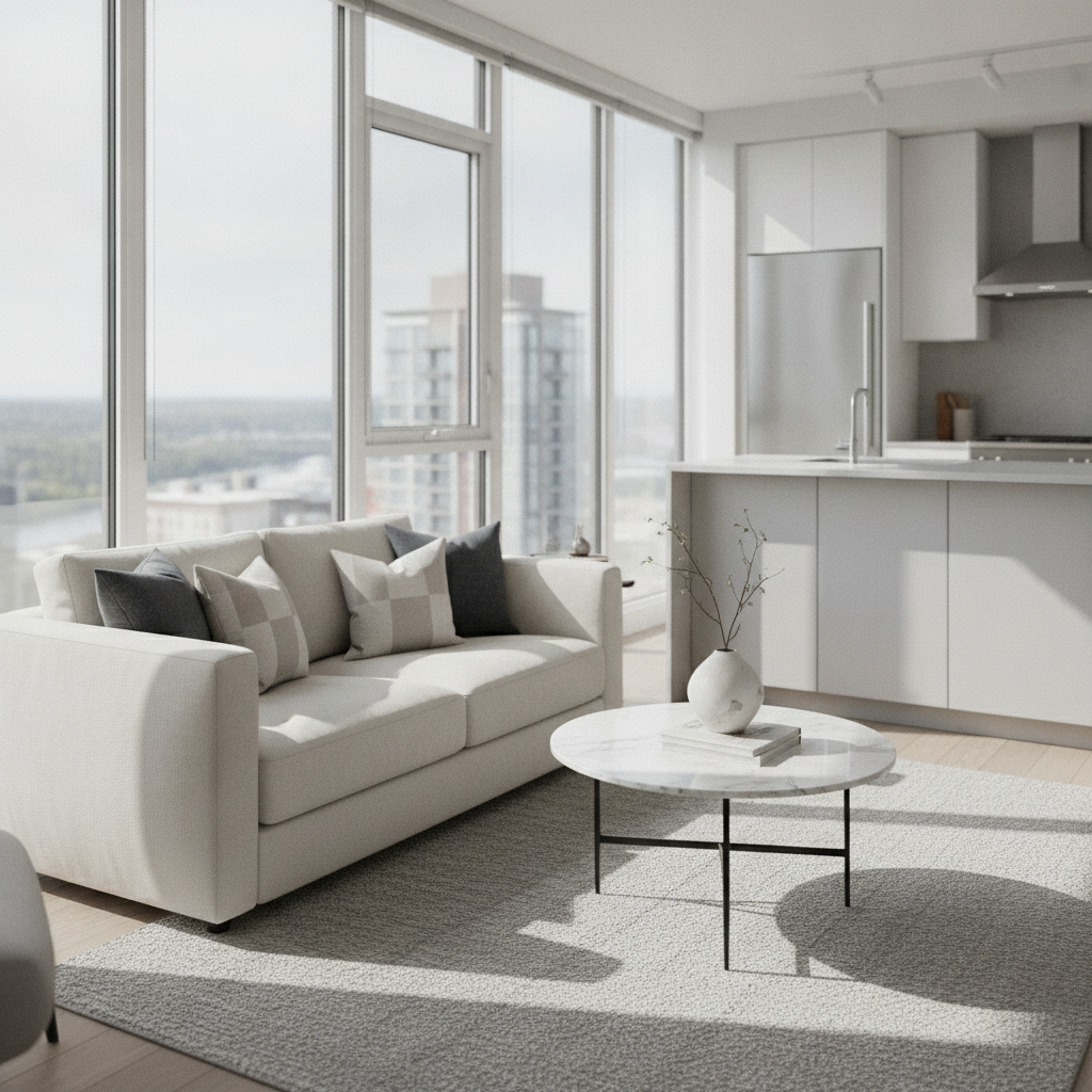 Modern Edmonton condo living room interior that illustrates the lifestyle you get when you buy a condo in Edmonton, with floor-to-ceiling windows and minimalist furnishings