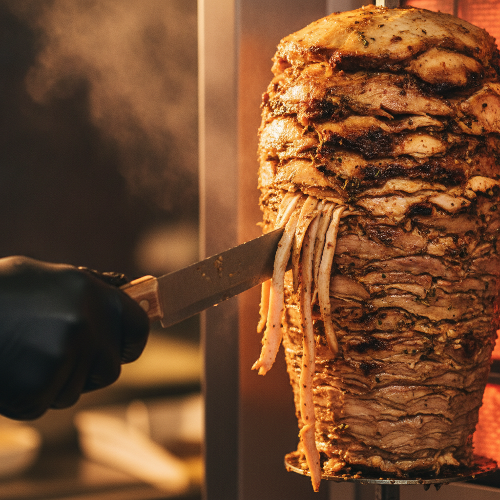 Close-up shawarma carving for catering, showing caramelized edges and spices for Old Toronto events