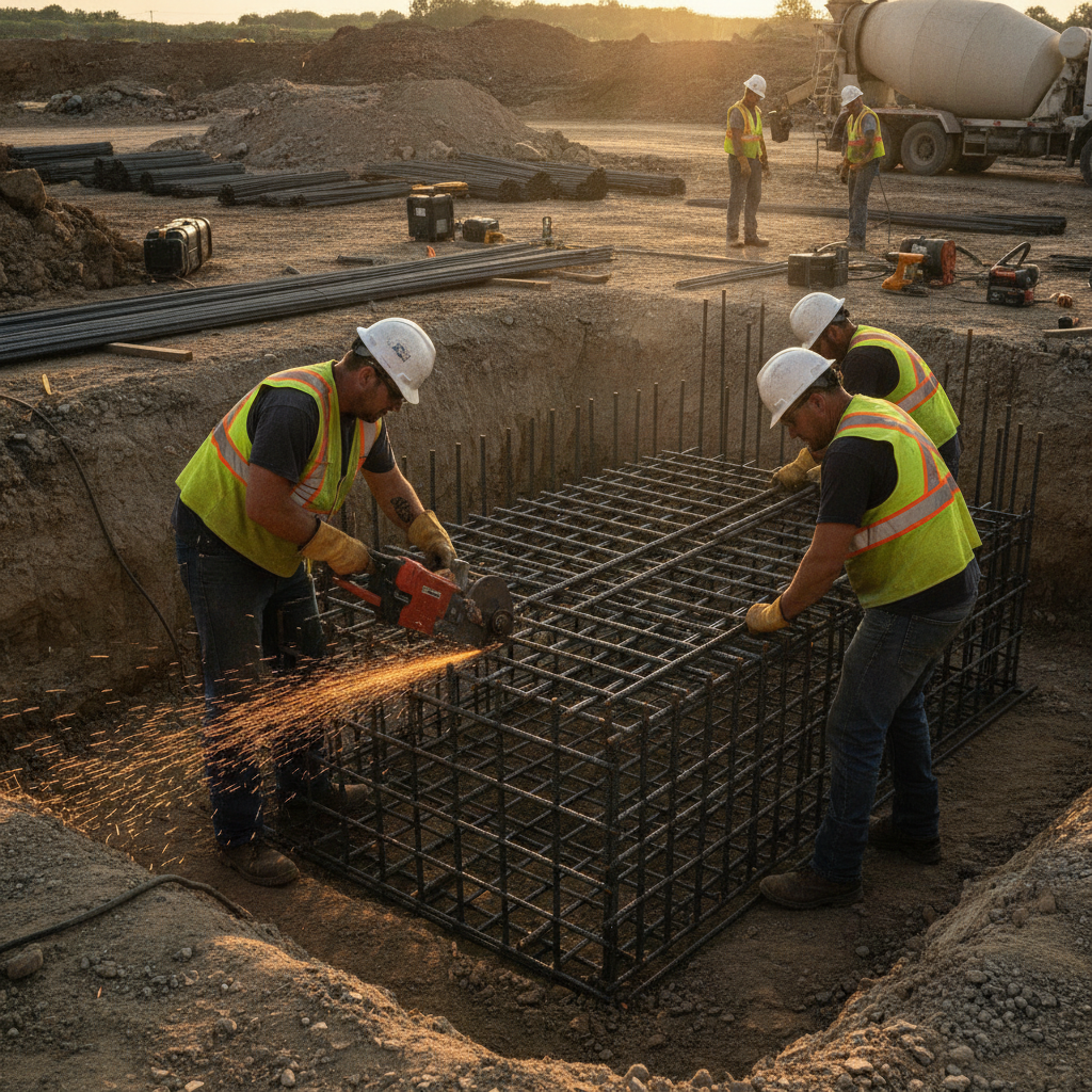Workers assembling a rebar cage for a footing, illustrating field realities an estimator must plan for
