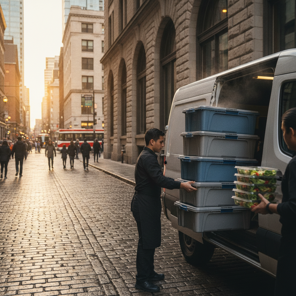 Catering trays and salads being loaded into a delivery vehicle for shawarma catering in Old Toronto