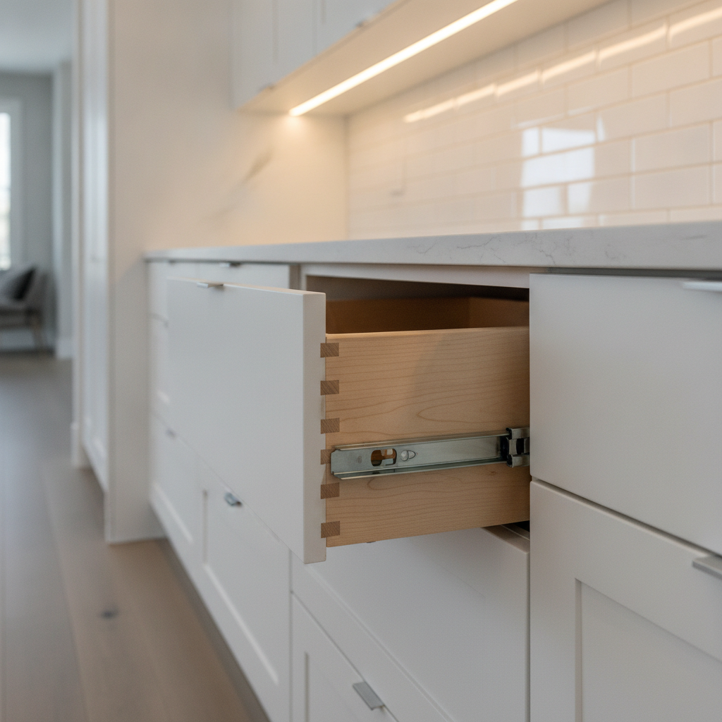 Kitchen Design: Save Money and Love Your Space in 2026 1 Close-up of dovetail drawer, quartz waterfall edge, and under-cabinet lighting in a kitchen design and remodel