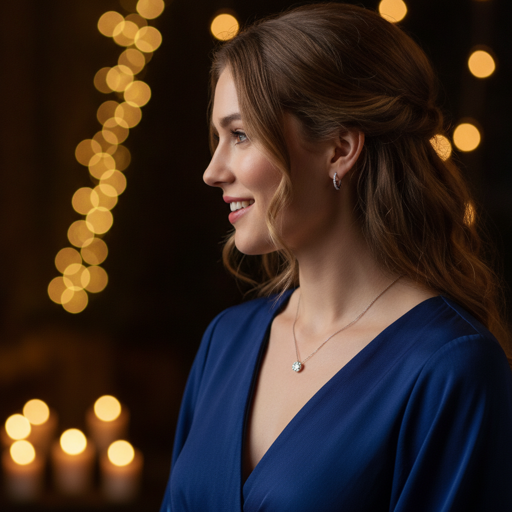 Lifestyle view of a person wearing a diamond pendant necklace and small hoop earrings at an evening gathering – coordinated diamond earrings and necklaces set