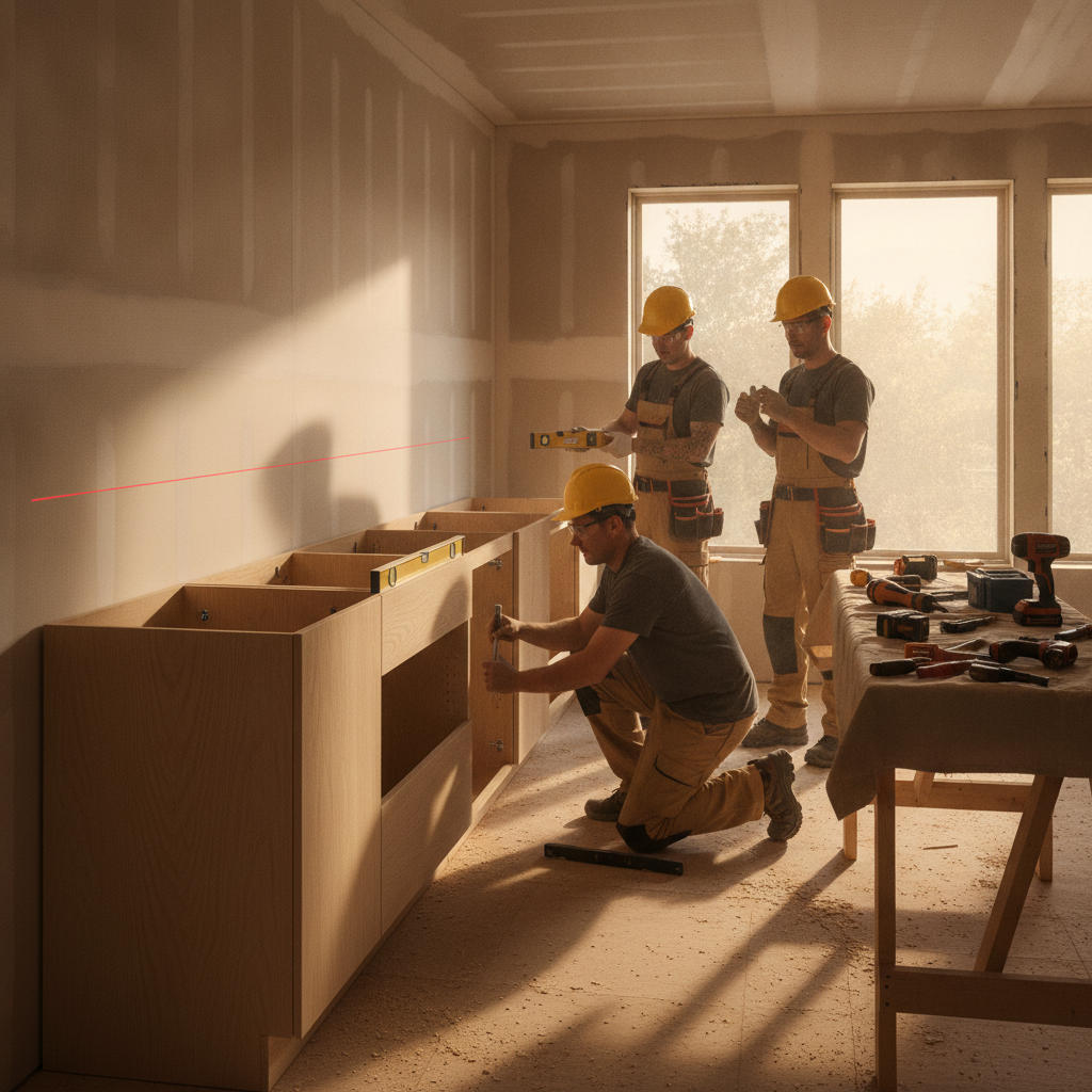 Kitchen Design: Save Money and Love Your Space in 2026 2 Installation team leveling base cabinets during a kitchen design and remodel in the GTA