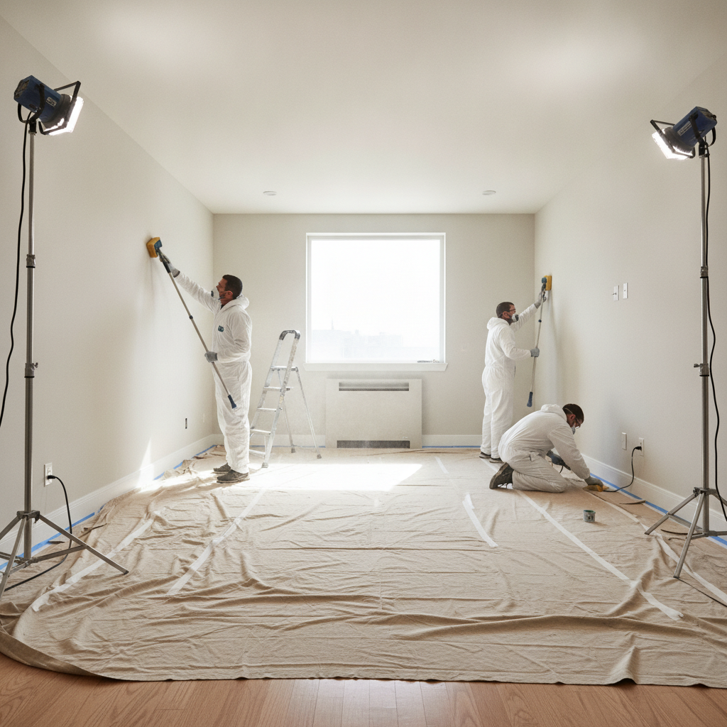Wide shot of a turnover crew preparing a vacant rental living room for repainting with floors protected and outlets masked as part of surface preparation before repainting rentals