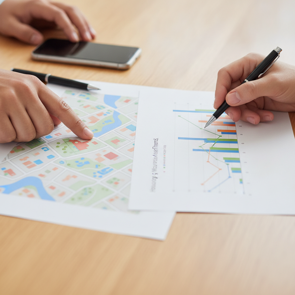 Close-up of hands analyzing a neighborhood map and housing graphs, illustrating how to use a local market report in Mississauga