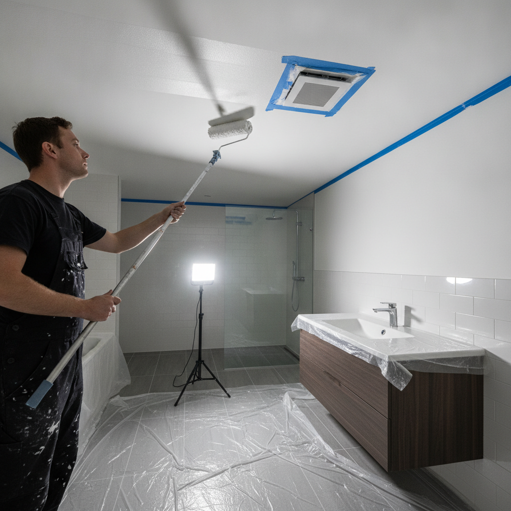 Applying stain-blocking primer on a rental bathroom ceiling as part of surface preparation before repainting rentals, with masking and ventilation in place