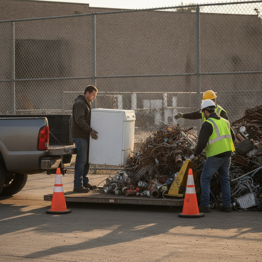 Customer unloading an old washer and mixed metal items at a safe, organized scrap metal drop-off area in Etobicoke