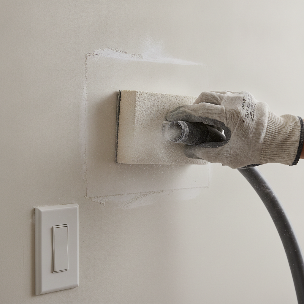 Close-up sanding of patched drywall during surface preparation before repainting rentals, with HEPA dust collection for cleaner turnovers