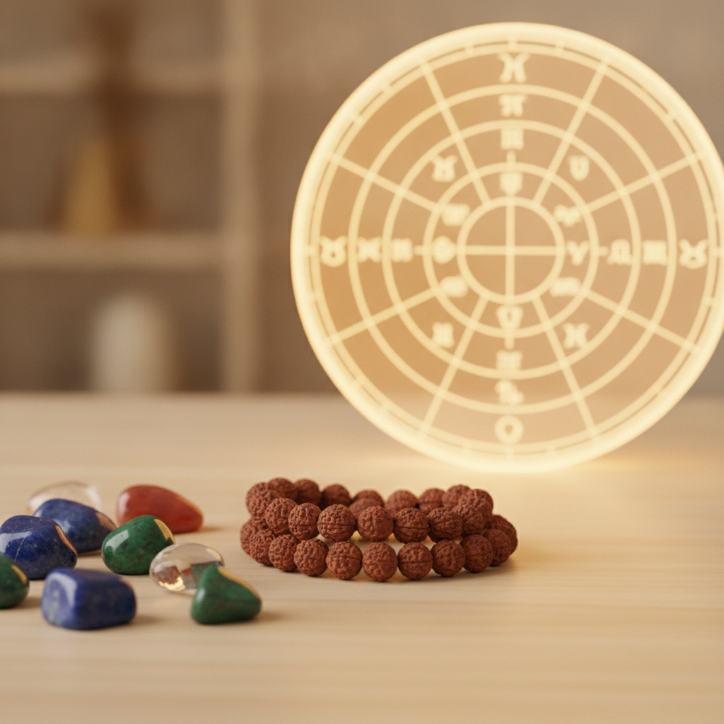 Close-up of gemstones and Rudraksha beside a soft natal chart illustration for family horoscope reading online