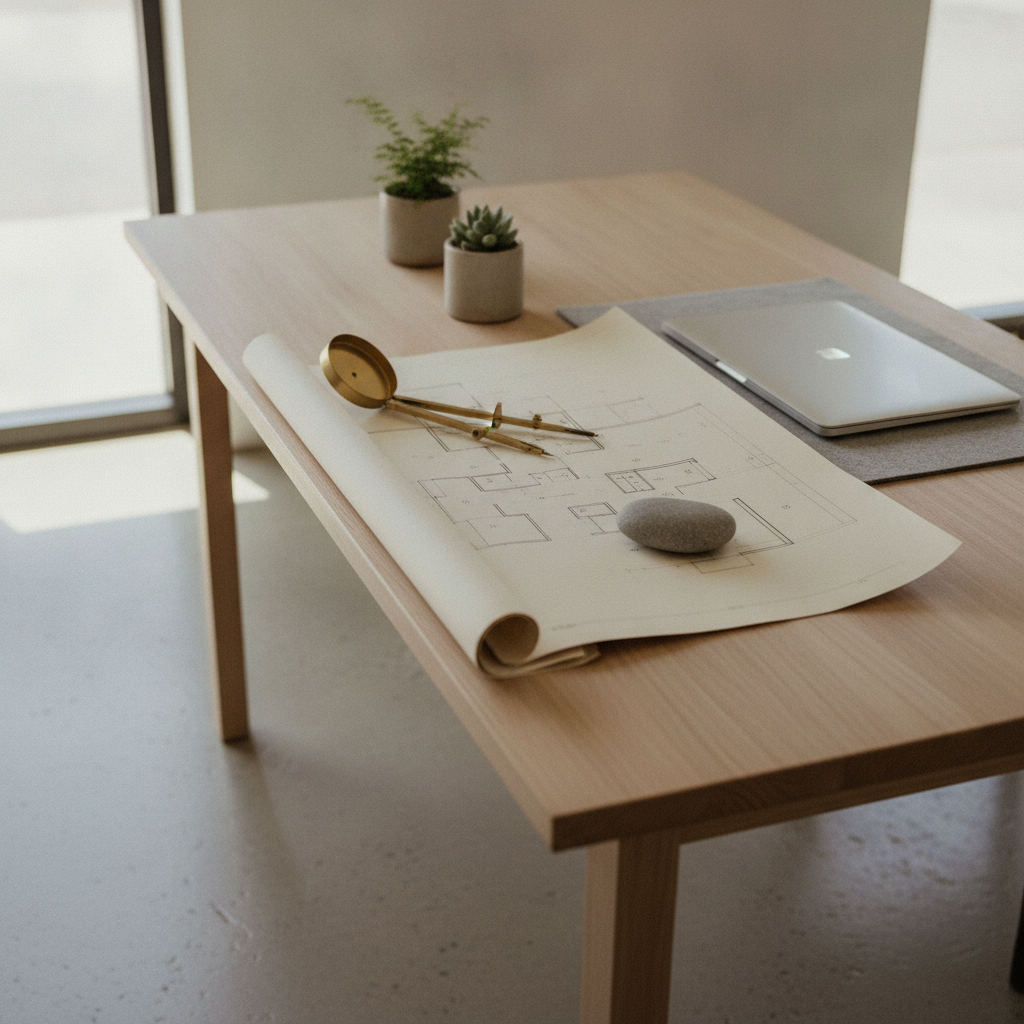 Side-angle workspace with compass, plants, and floor plan symbolizing Vaastu and planning for a family horoscope reading online