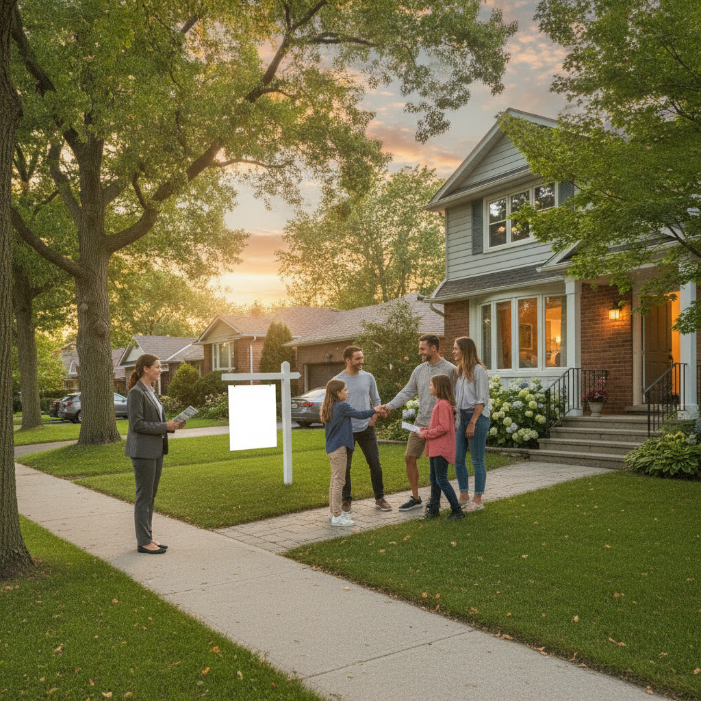 Open house scene in a leafy Mississauga street, agent greeting a family, illustrating neighborhood-level market activity and buyer demand