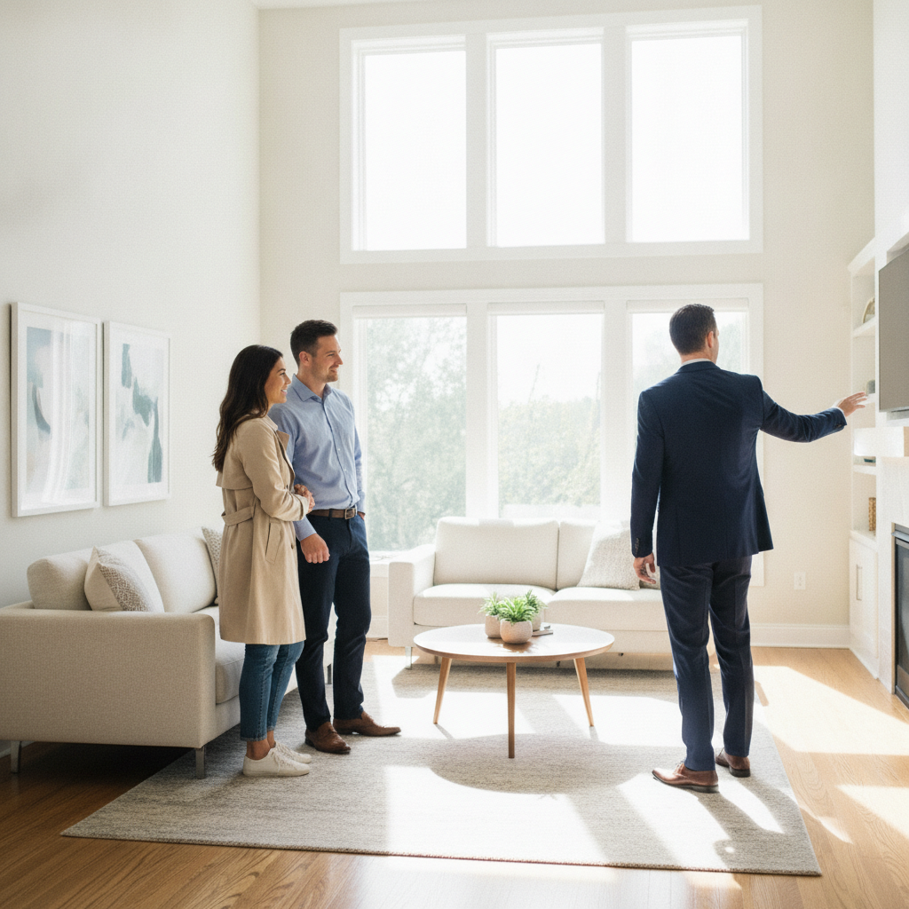 Realtor touring a multi-family home interior with Cambridge buyers, reviewing features before writing an offer