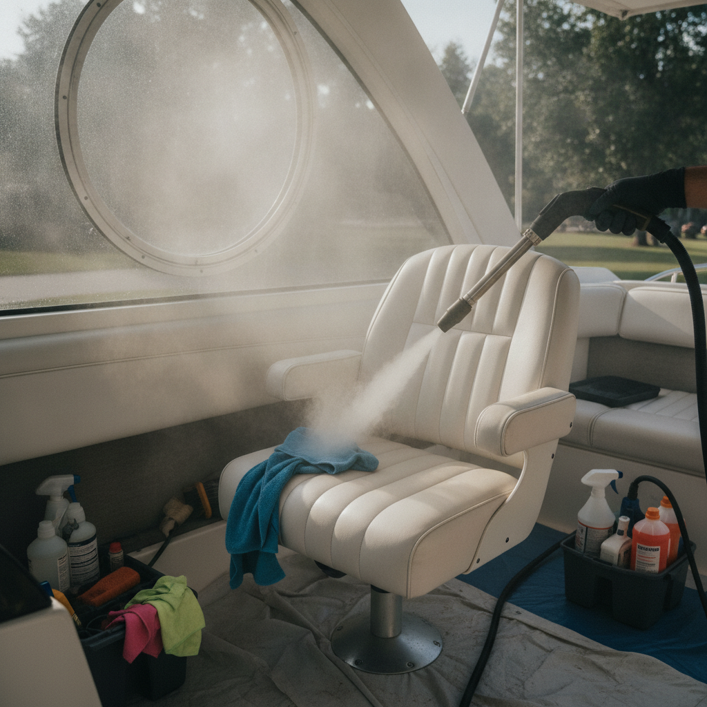 Boat interior steam cleaning on vinyl seats in Mississauga before storage, mobile detailing unit using steam and microfiber towels