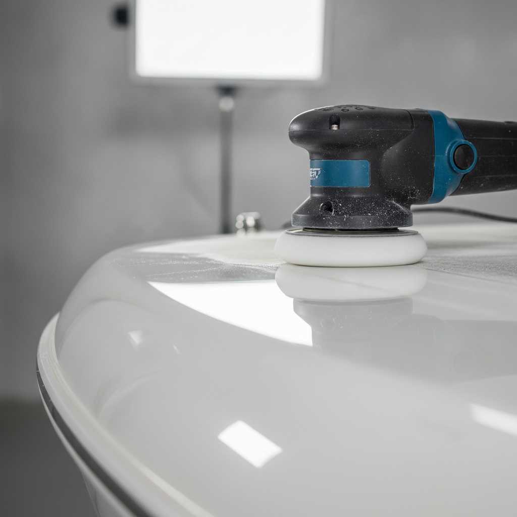 Close-up gelcoat polishing during boat detailing before and after season, dual‑action polisher removing oxidation for a high‑gloss finish