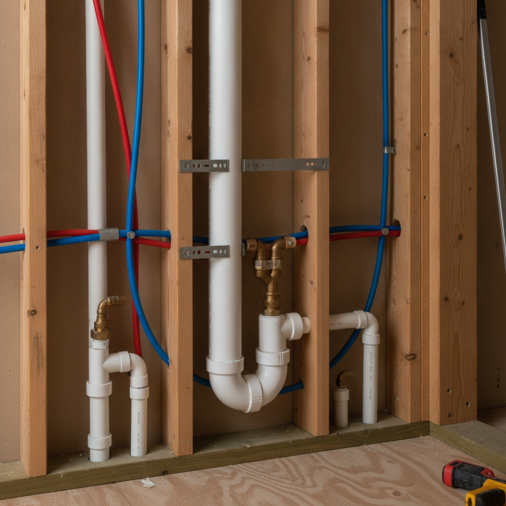 Bathroom addition rough-in close-up showing PEX water lines, copper fittings, and PVC DWV stack installed by bathroom addition contractors