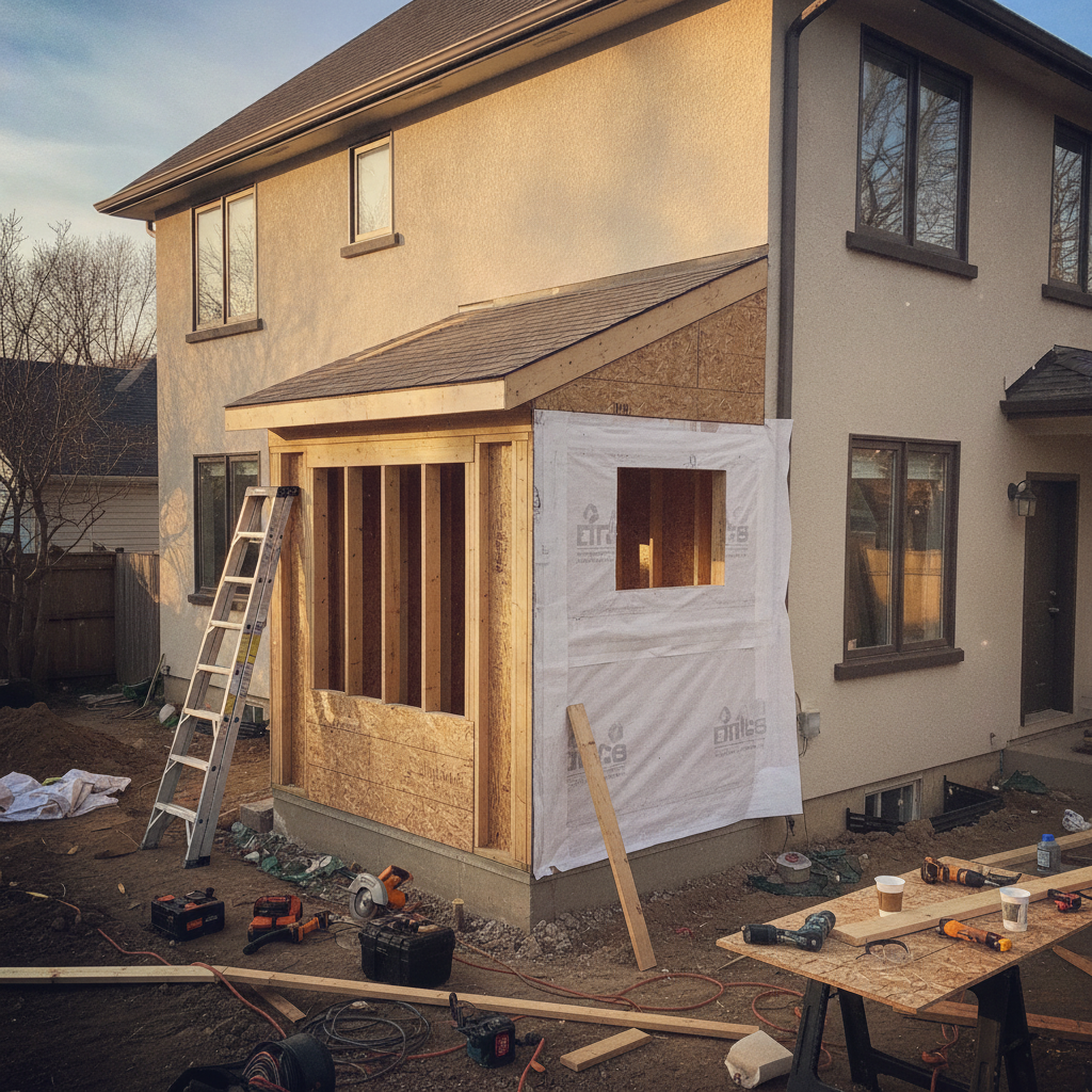 Side view of a framed bump-out bathroom addition with housewrap, sheathing, and roof tie-in in progress on a detached home