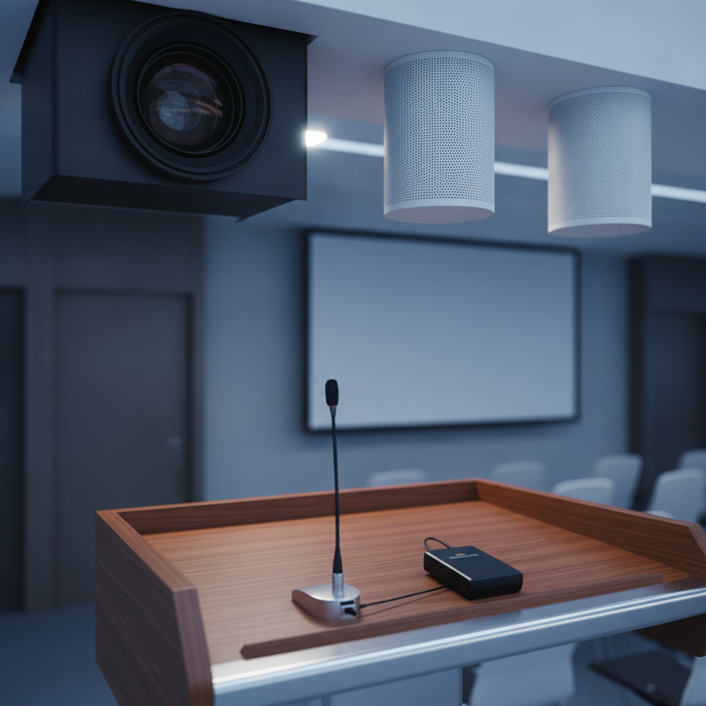 Detail of professional AV gear—projector lens, ceiling speakers, and wireless mic—for a training seminar space at Mississauga Convention Centre