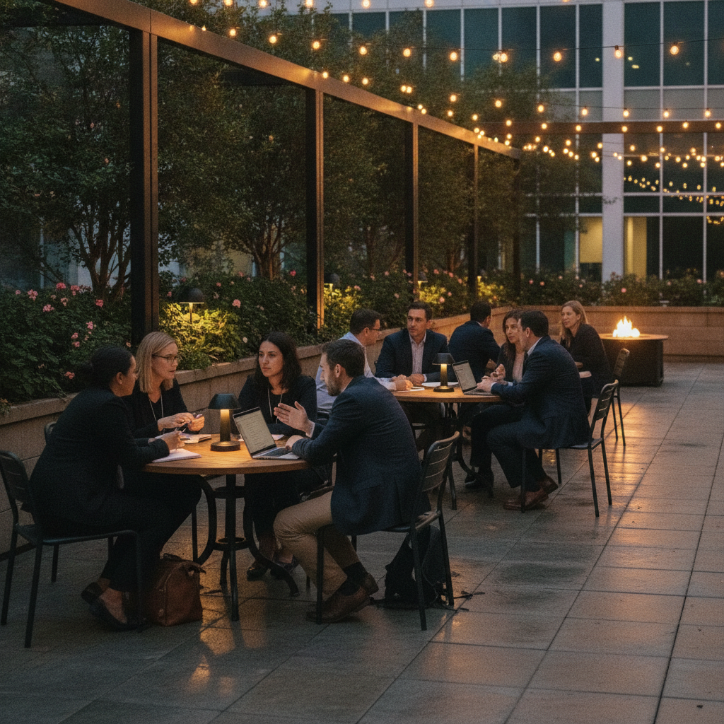 Outdoor breakout workshop on the patio at Mississauga Convention Centre, showing collaborative training seminar space with evening string lights