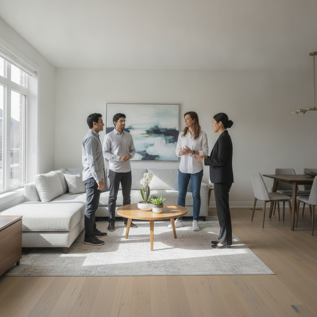 Open house scene in Brampton where buyers discuss insights from a real estate market report for buyers with an agent