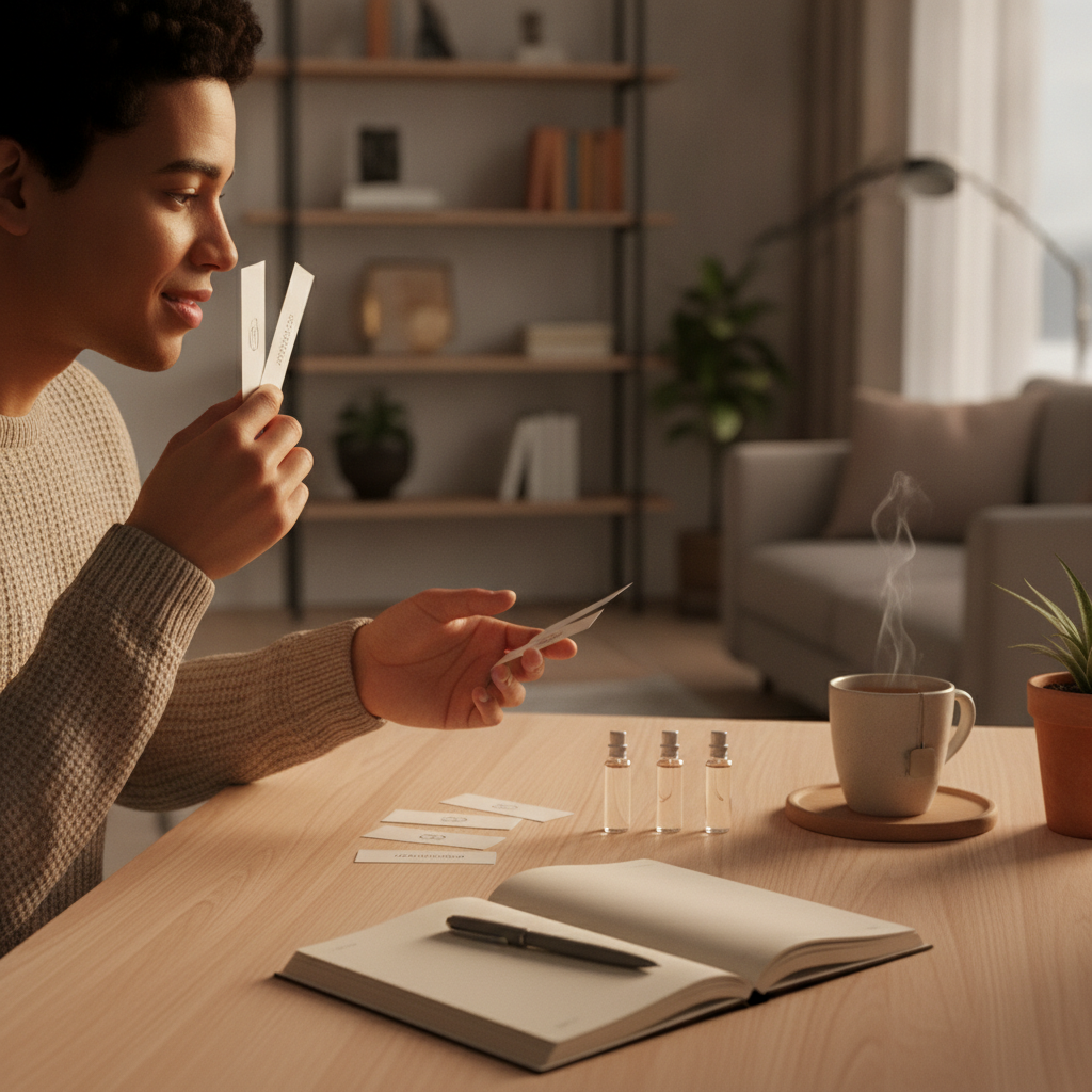 Home testing scene comparing multiple perfume sample vials and blotters from a luxury discovery set