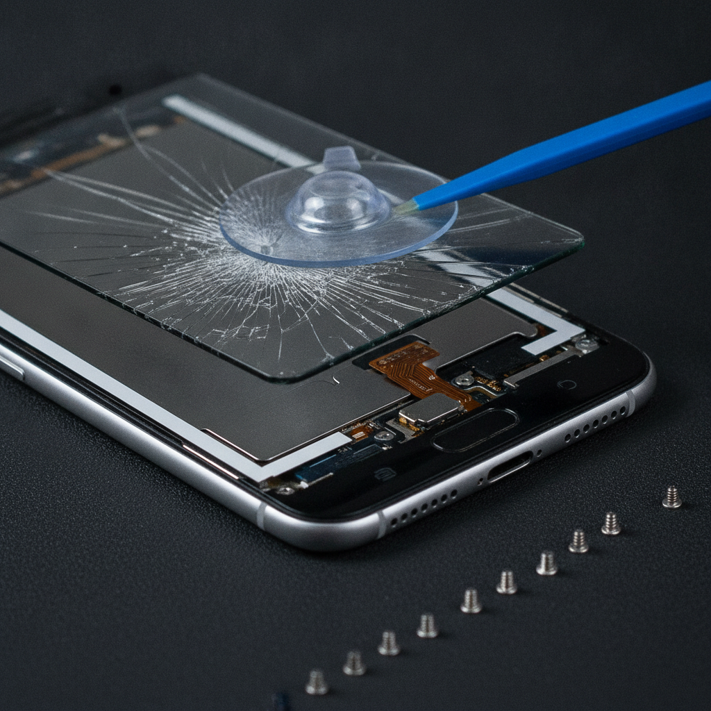 Macro close-up of Android screen repair in Calgary with suction cup and spudger on anti-static mat