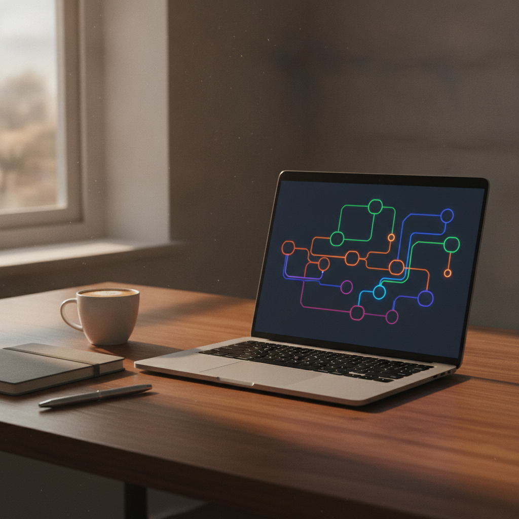 Laptop showing an email automation flow with nodes and connectors for lead nurturing