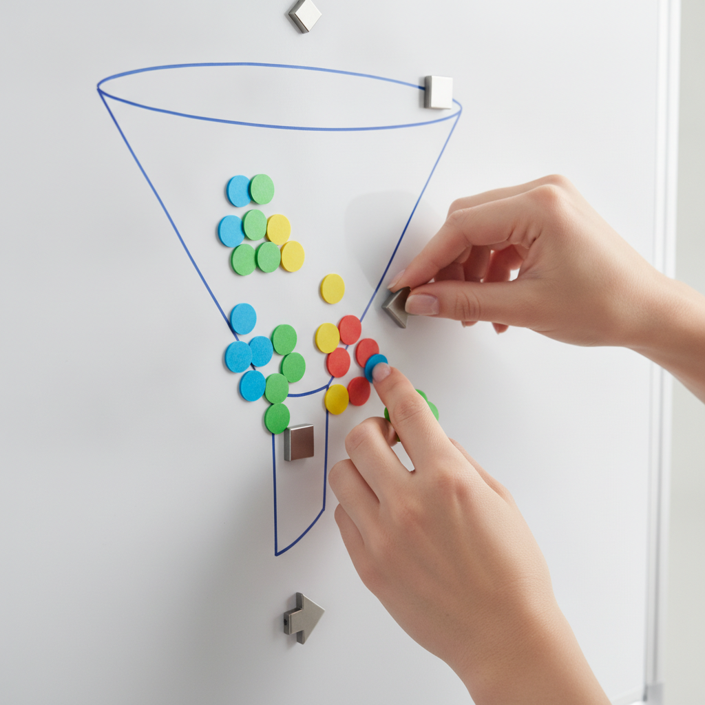 Close-up of mapping a lead nurturing email funnel with color-coded steps and triggers