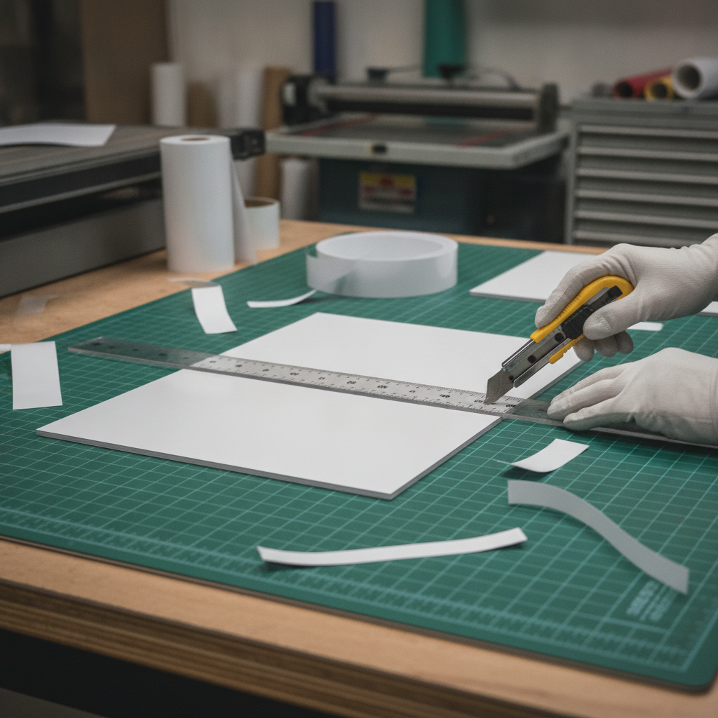 Print shop bench with blank magnetic car panels being trimmed, ideal substrates for witty car for sale signage