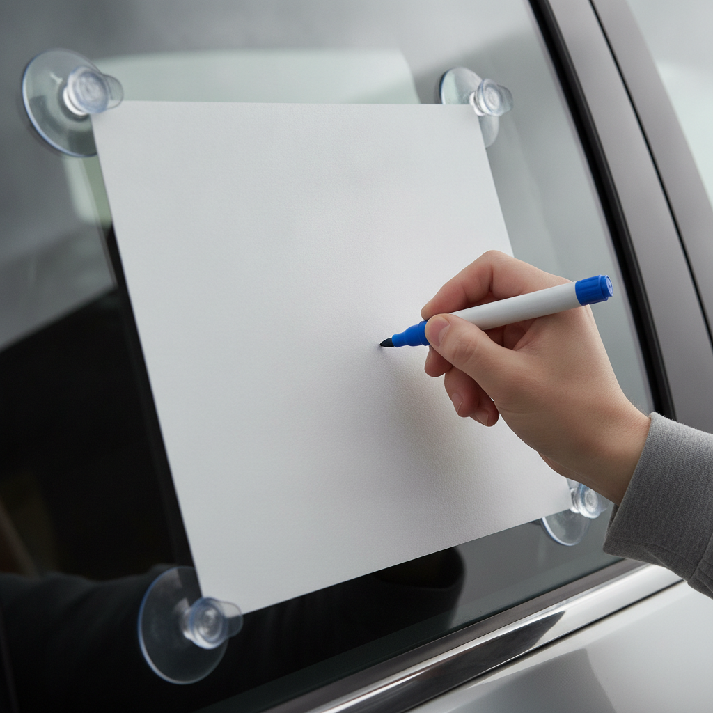 Close-up of a blank coroplast window card for a funny car for sale sign, mounted with suction cups and ready for bold lettering