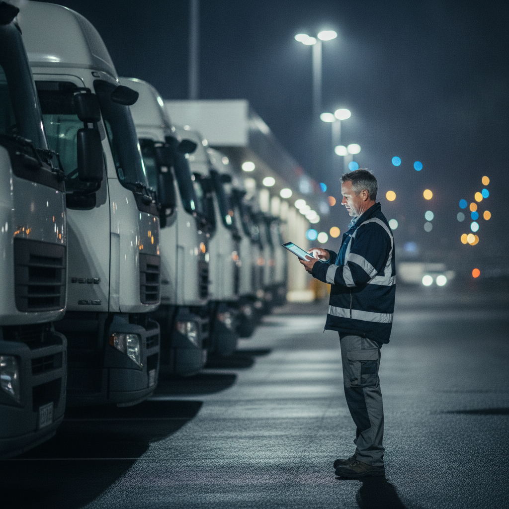Fleet manager near trucks planning routes after refueling with diesel and DEF at a well-lit stop