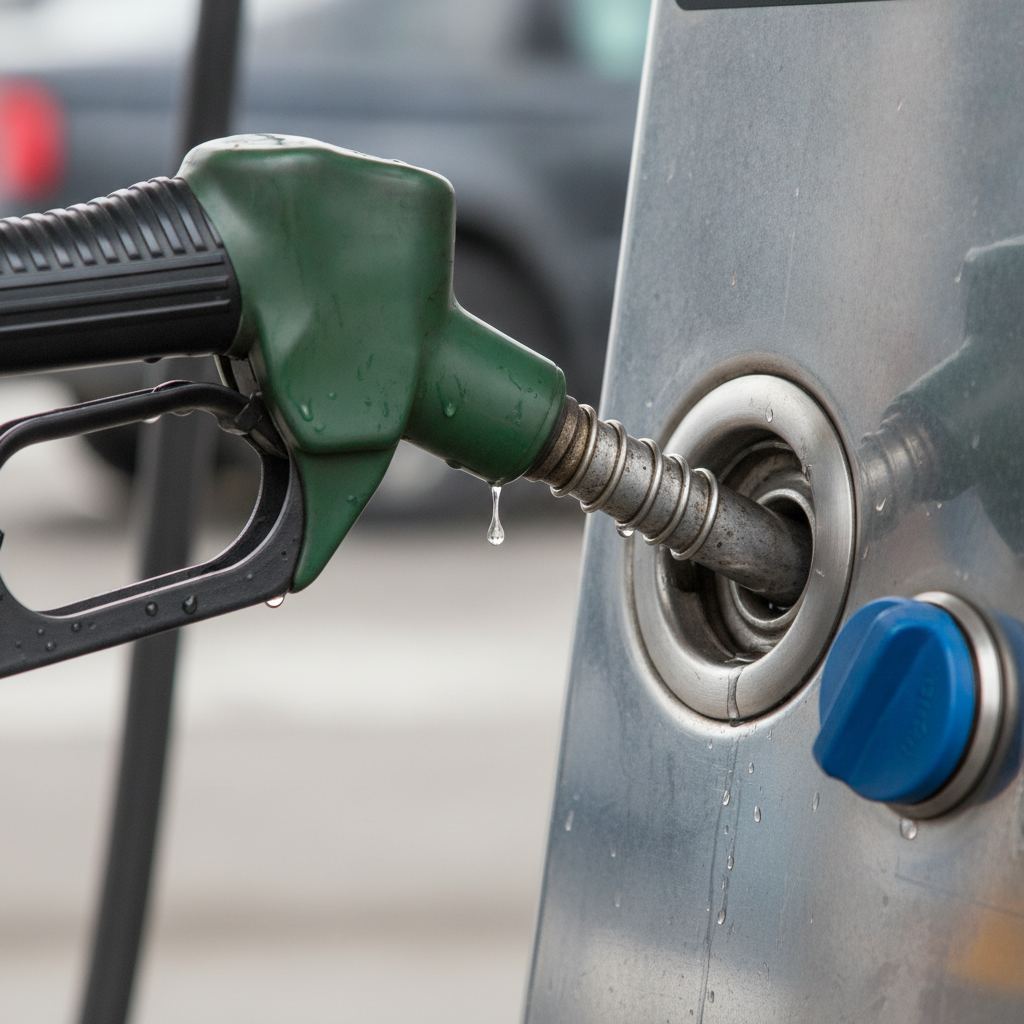 Close-up diesel nozzle with DEF cap visible, illustrating retail diesel fueling and DEF access for fleet trucks