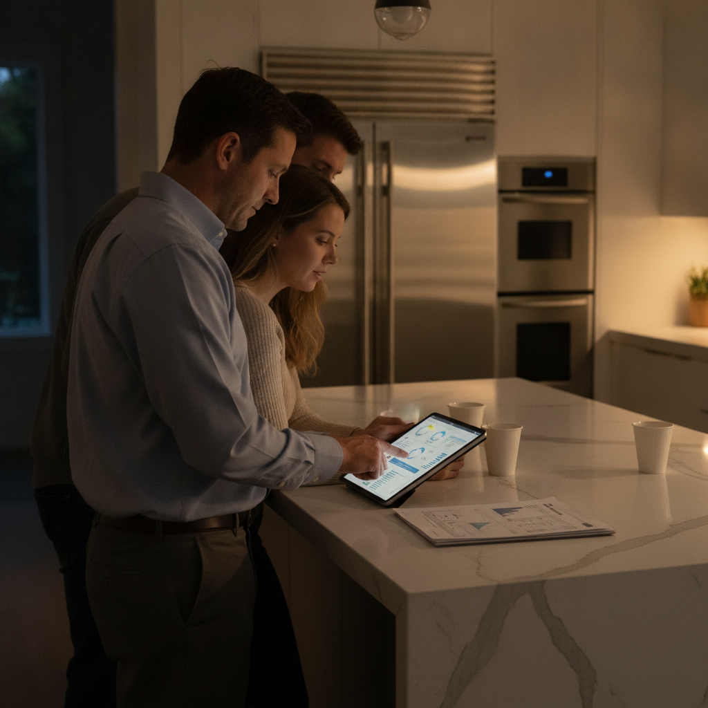 Homebuyers and inspector reviewing a same-day PDF home inspection report on a tablet in a kitchen during the buying process