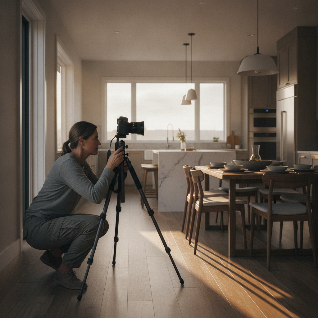 Real estate photographer capturing a bright kitchen to showcase a home listing without listing-side realtor fees in Canada