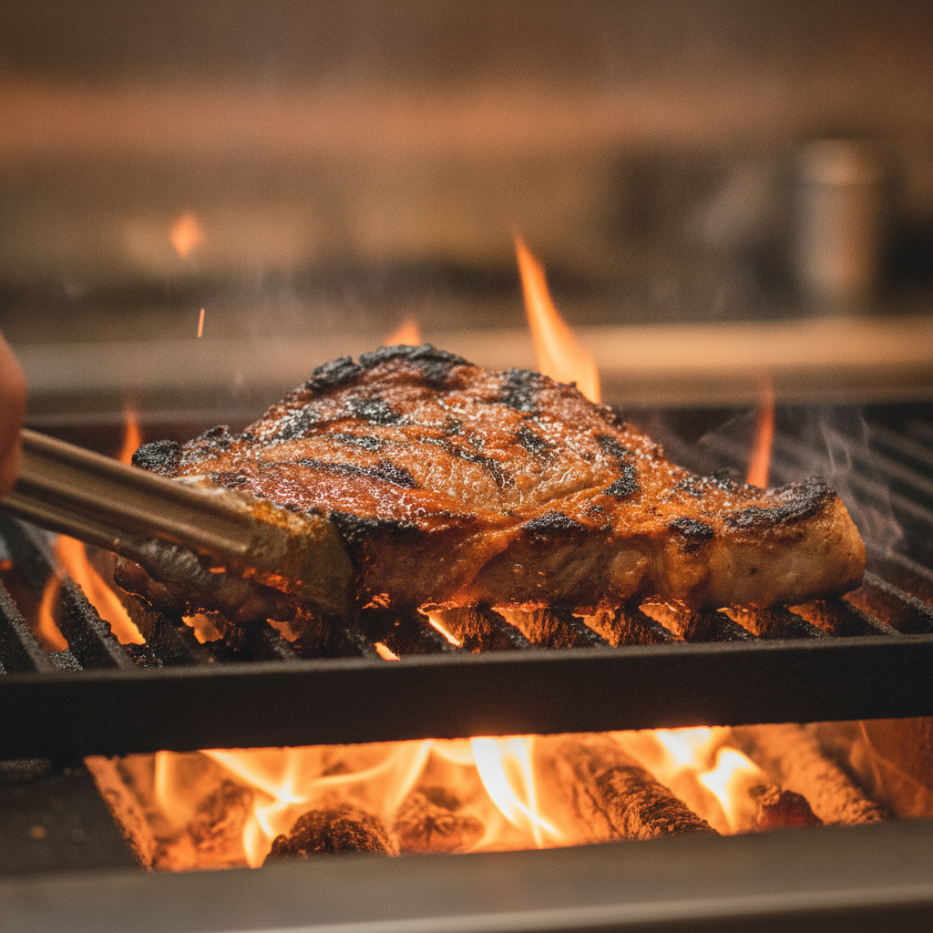 Carne asada sizzling on the grill at a Mexican grill restaurant, highlighting what to expect at a Mexican grill restaurant: fire-grilled flavors and fresh ingredients