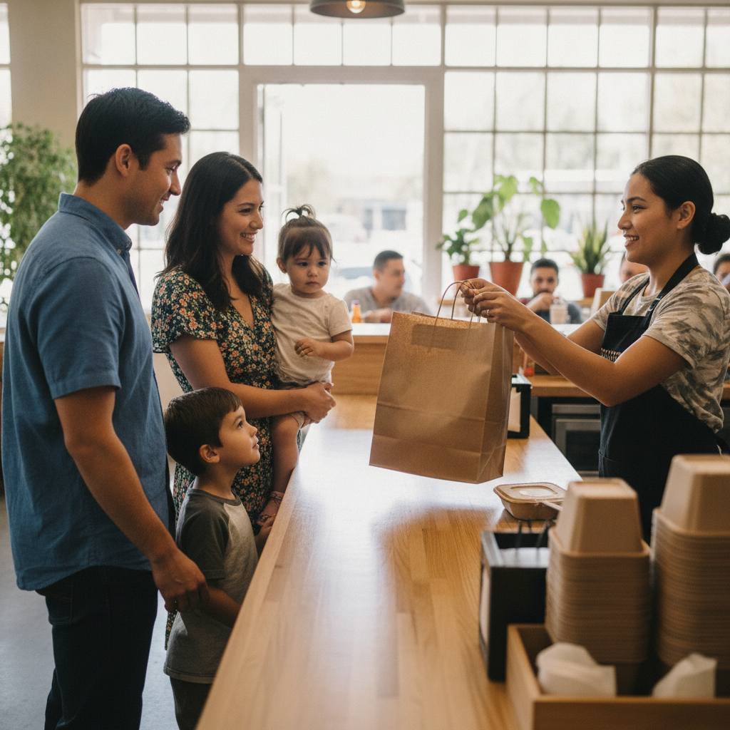 Old Toronto family picking up Mexican takeout at a casual Mexican grill counter, illustrating dine-in versus takeout choices