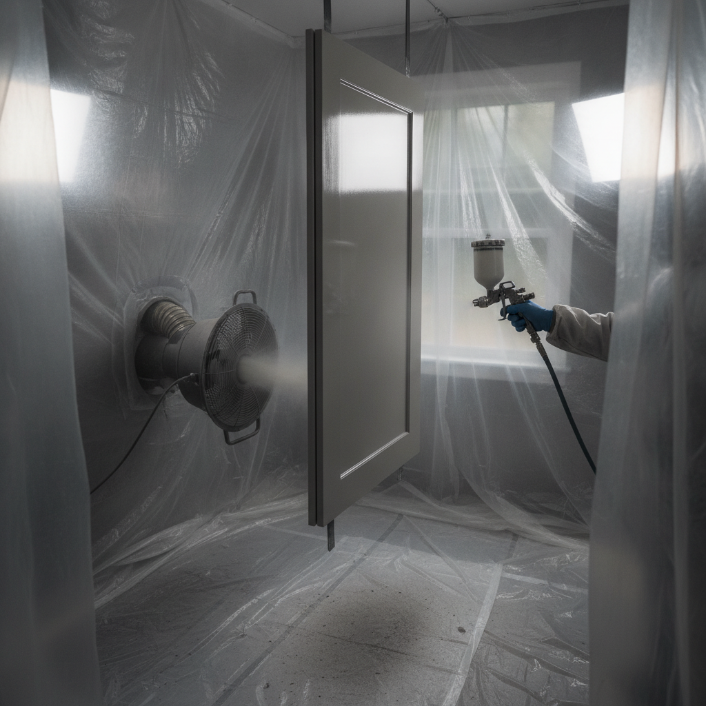 Indoor painting services for kitchen cabinets using a contained spray booth with even lacquer finish for a factory-like result