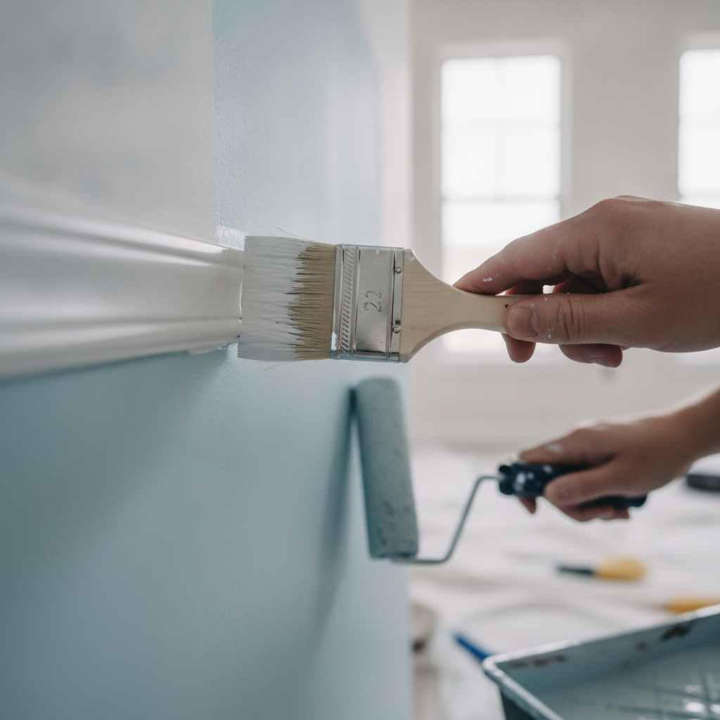 Close-up of cutting-in technique for indoor painting services with angled sash brush and roller creating a clean line on a living room wall