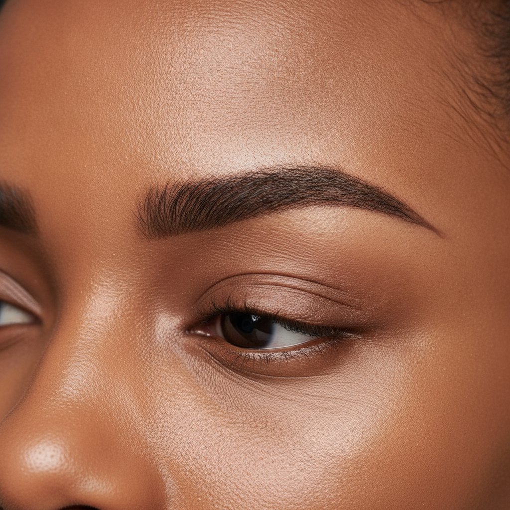 Healed ombre powder brows on dark skin with soft gradient and natural finish