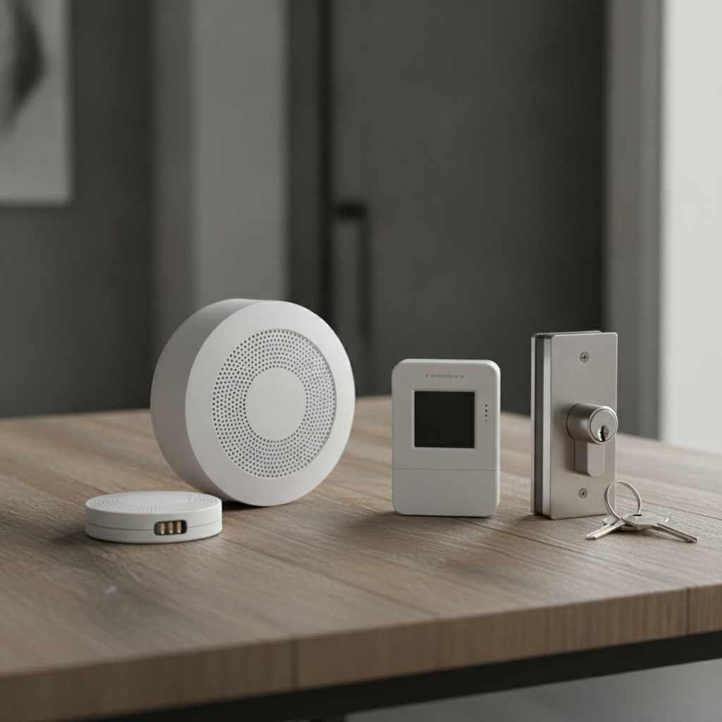 Smart home safety devices that improve a home insurance quotation: smoke alarm, water leak sensor, CO detector, and deadbolt