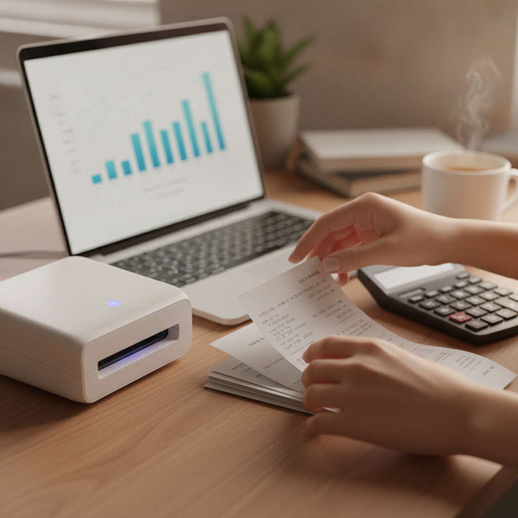 Close-up of hands organizing receipts with a scanner next to a laptop—bookkeeping services for small business using cloud tools
