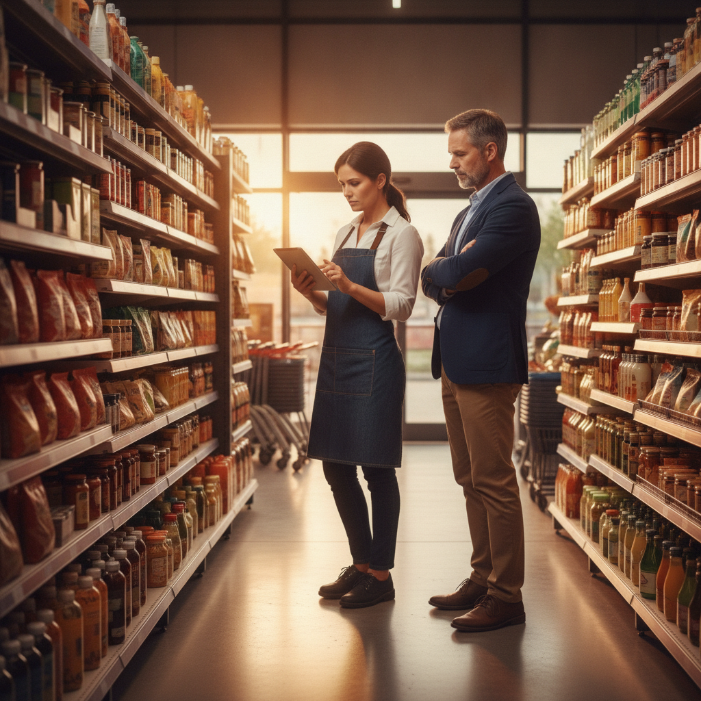 Retail shop owner checking inventory on a tablet with an advisor—cloud bookkeeping tools in action