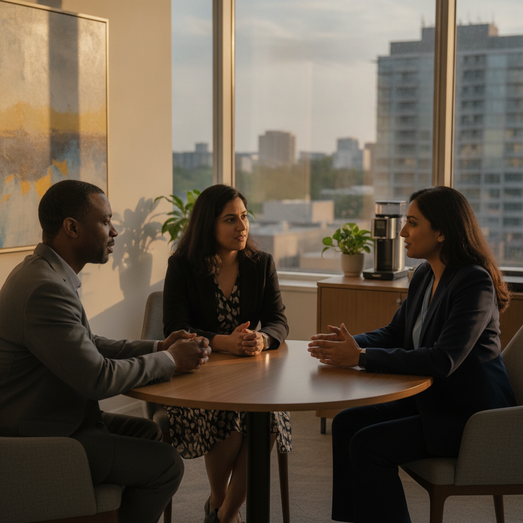 Lawyer and clients in a Brampton office discussing case strategy with a barrister and solicitor approach